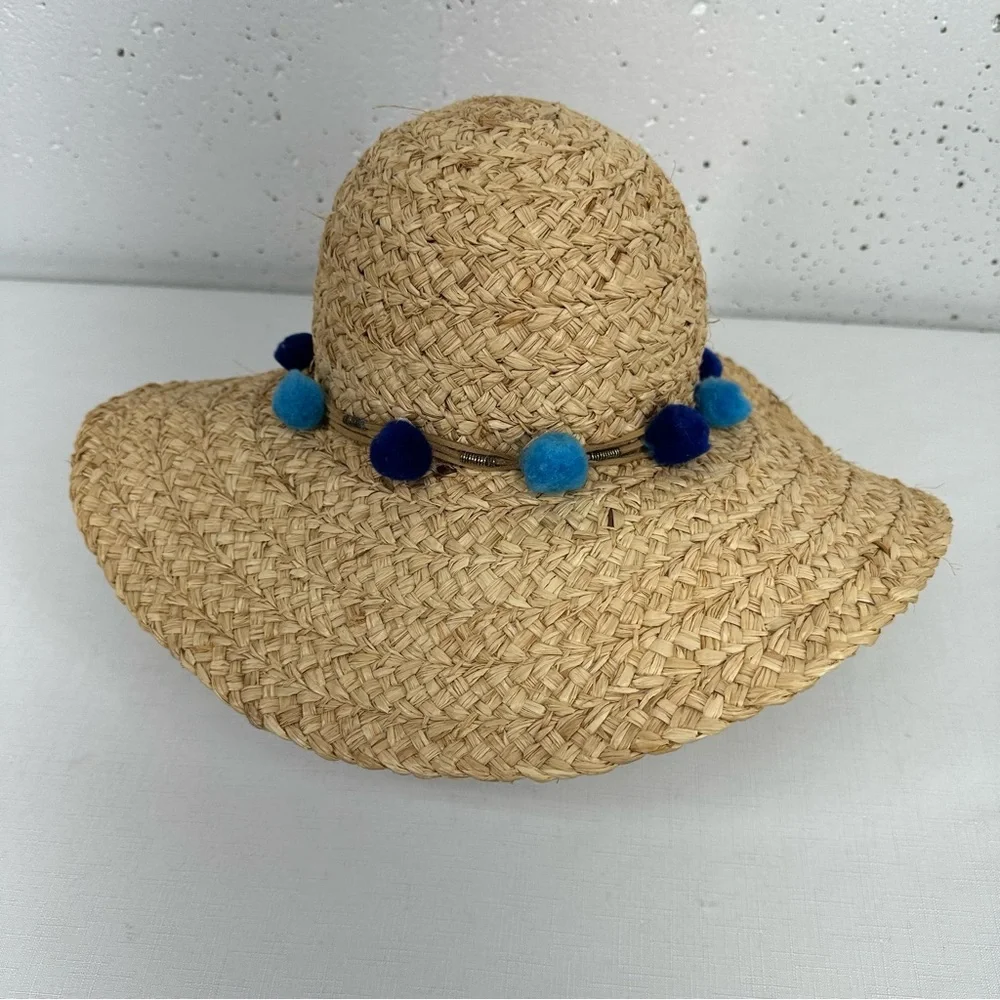Pool to Party by Subtle Luxury Wide Brim Straw Floppy Sun Hat with Blue Pom Poms